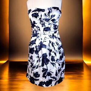 Silky strapless black white floral dress
